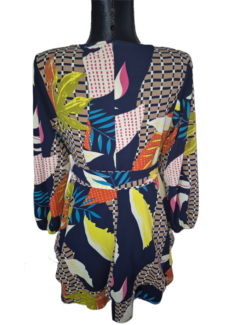 Colorful Geometric Abstract Wrap Style Swing Skater Belted Dress Size M - Picture 6 of 6